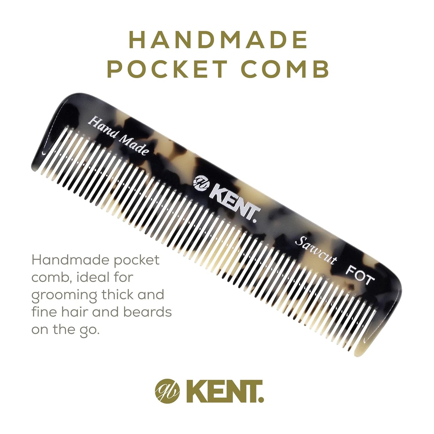 Kent FOT Tokyo White Fine Tooth Comb for Men - Handmade Pocket Comb for Travel, Styling, Fine or Thinning Hair, Mustache and Beard Care Handpolished Saw-Cut Made in England