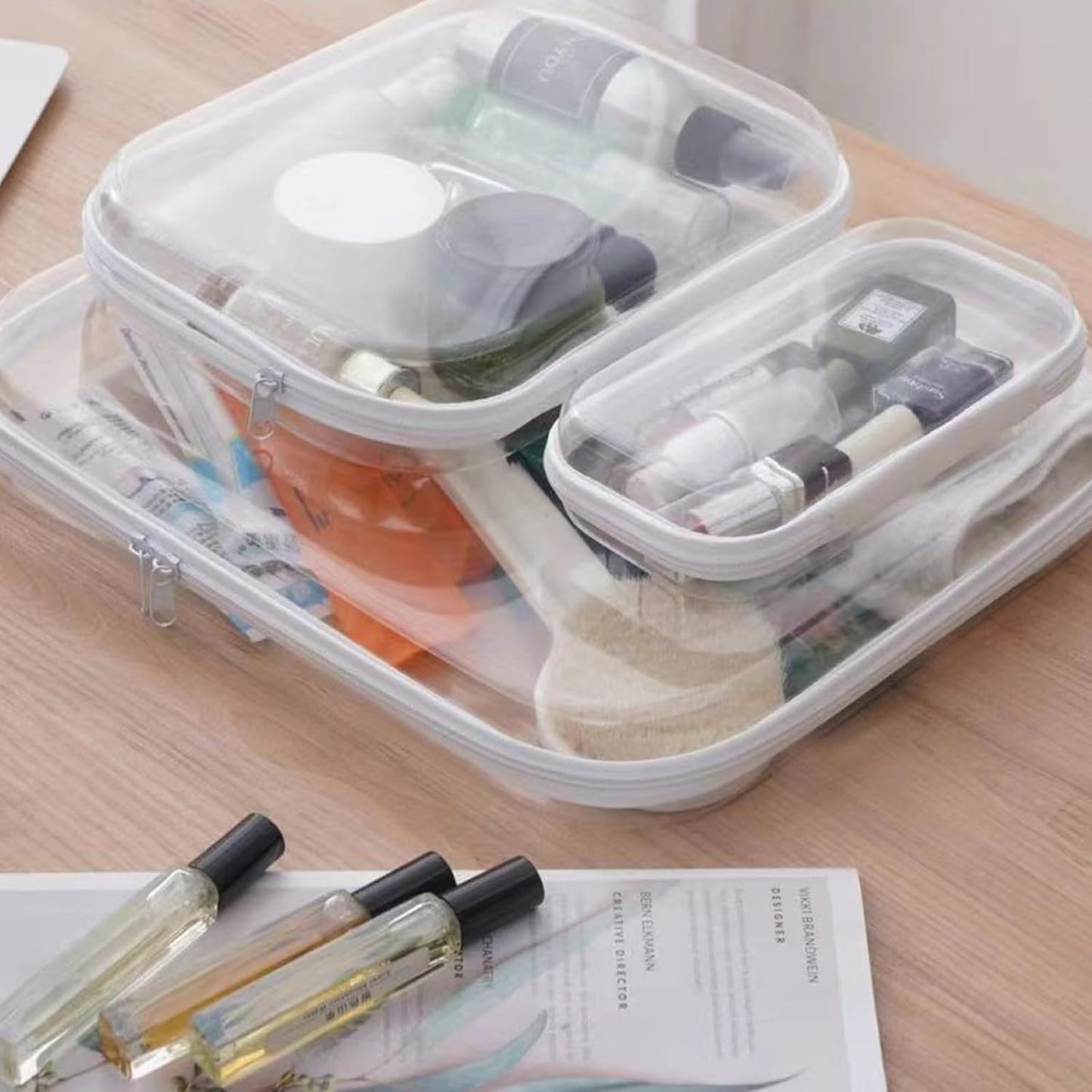 【6-Pack】 Clear Hard Shell Zipper Case Set | Durable Travel Pouches for Toiletries, Makeup Storage Organizer, Toy Storage Box | Transparent Cosmetic Bags with Zipper for Organization (white)