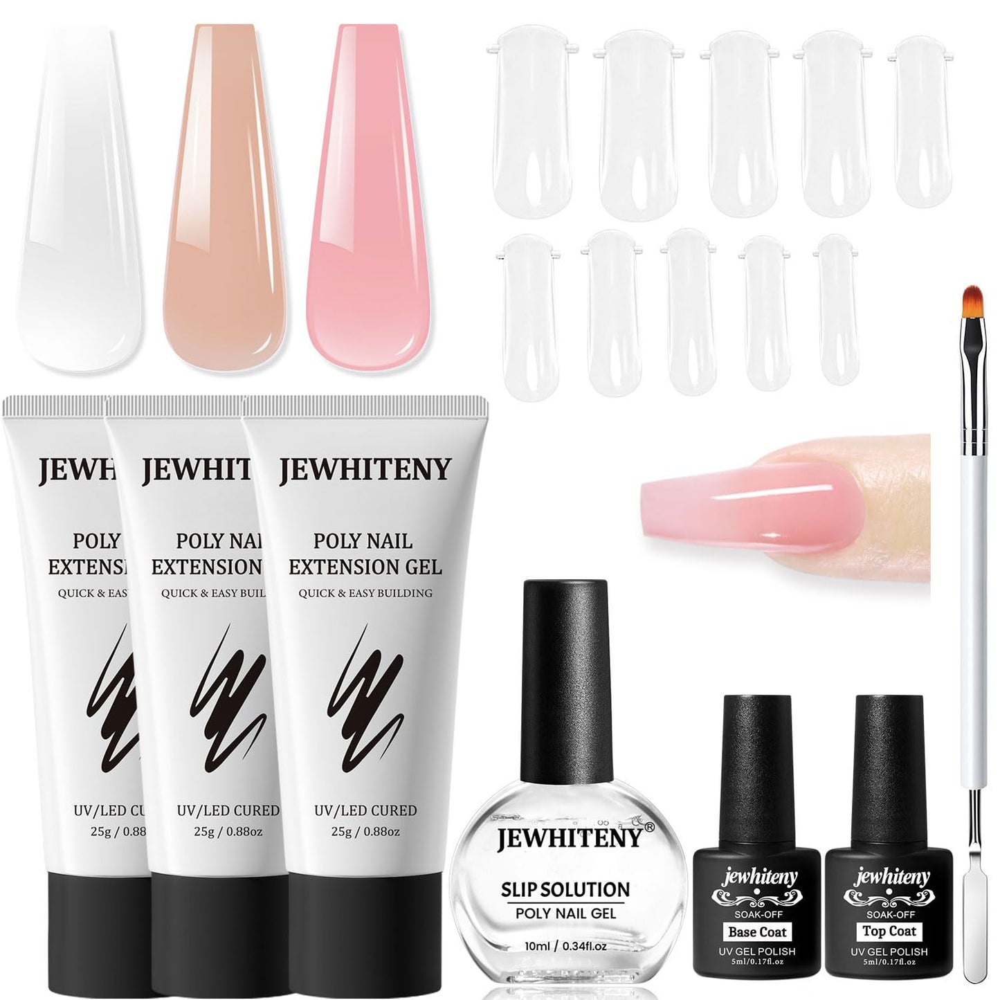 JEWHITENY Poly Extension Gel Nail Set Clear Pink Poly Nail Gel With Slip Solution Base Coat Top Coat French Manicure Need U V Lamp Curing for Finger Art and Home DIY
