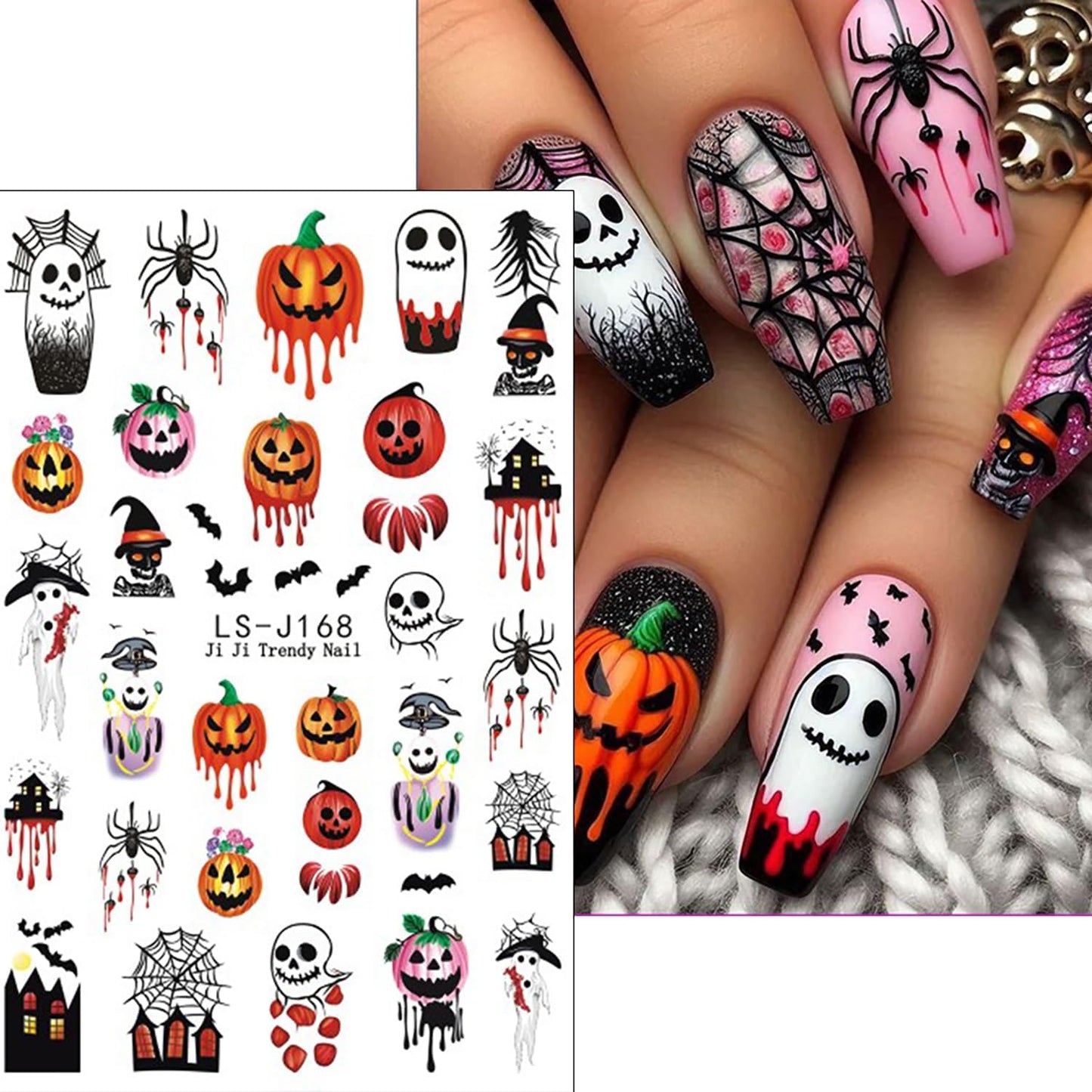 Halloween Nail Stickers Fall Nail Decals Ghost Pumpkin Floral Mushroom Designs Autumn Stickers DIY Nail Art Decoration Holiday Nails Art Supplies 7Pcs