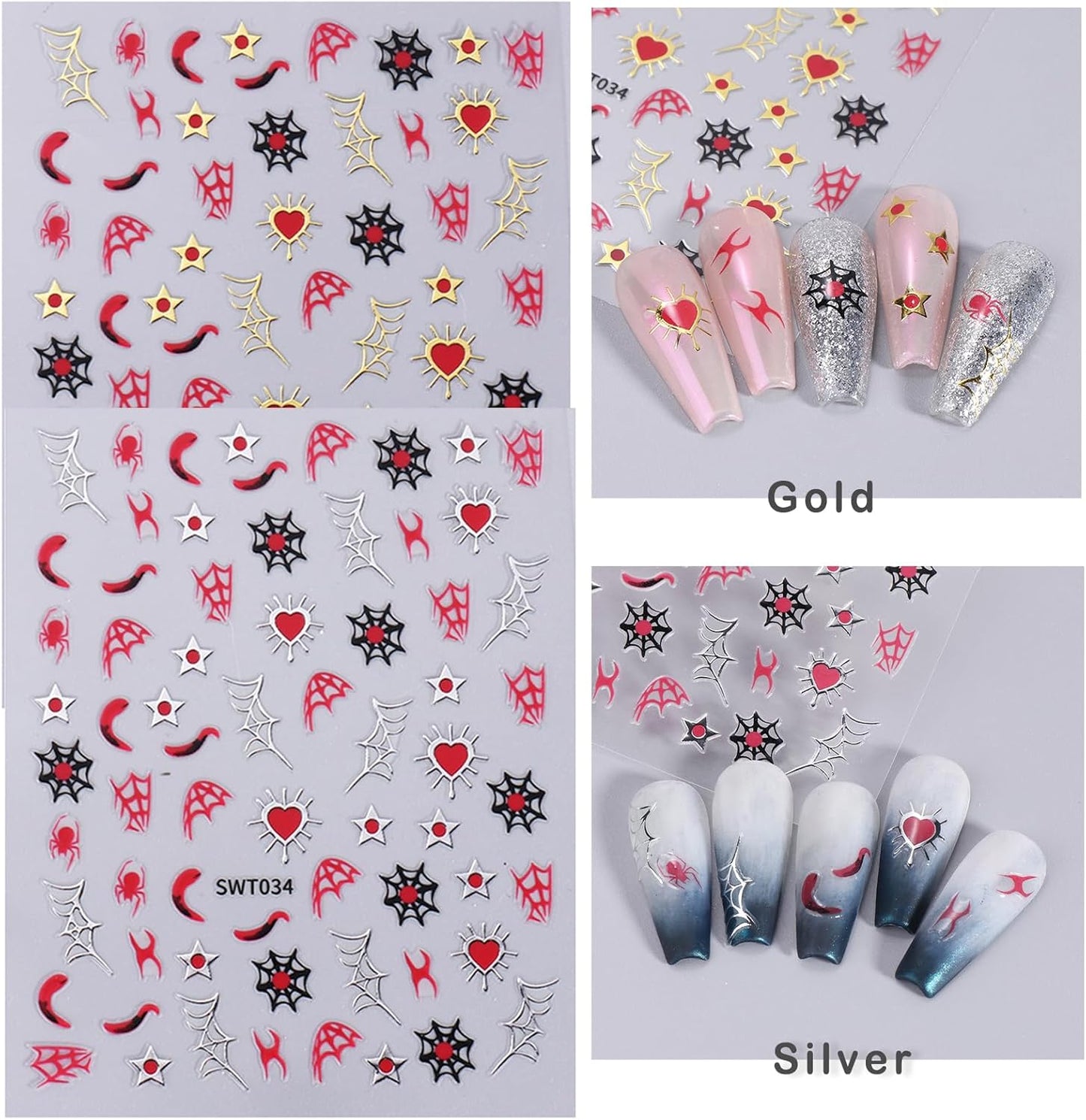 6 Sheets Halloween Nail Stickers Gold Silver Nail Art Stickers Bat Spider Web Stars Nail Decals with Glitter Bat Spide Love Design Nail Art Sticker Decoration for Women Girls Manicure Supplies