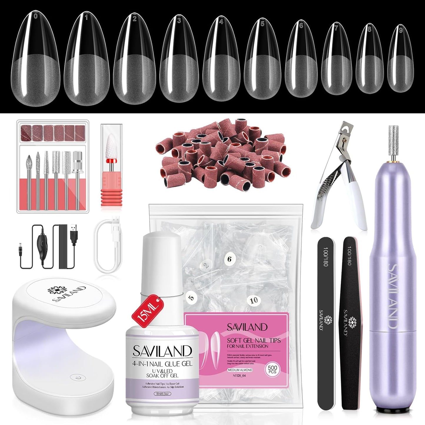 SAVILAND Almond Gel Nail Kit - Nail Drill with U V Lamp for Nails 500PCS Almond Nail Tips Gel Nail X Kit Easy Use Manicure Tool for Manicure Design at Home DIY Salon Gift for Women