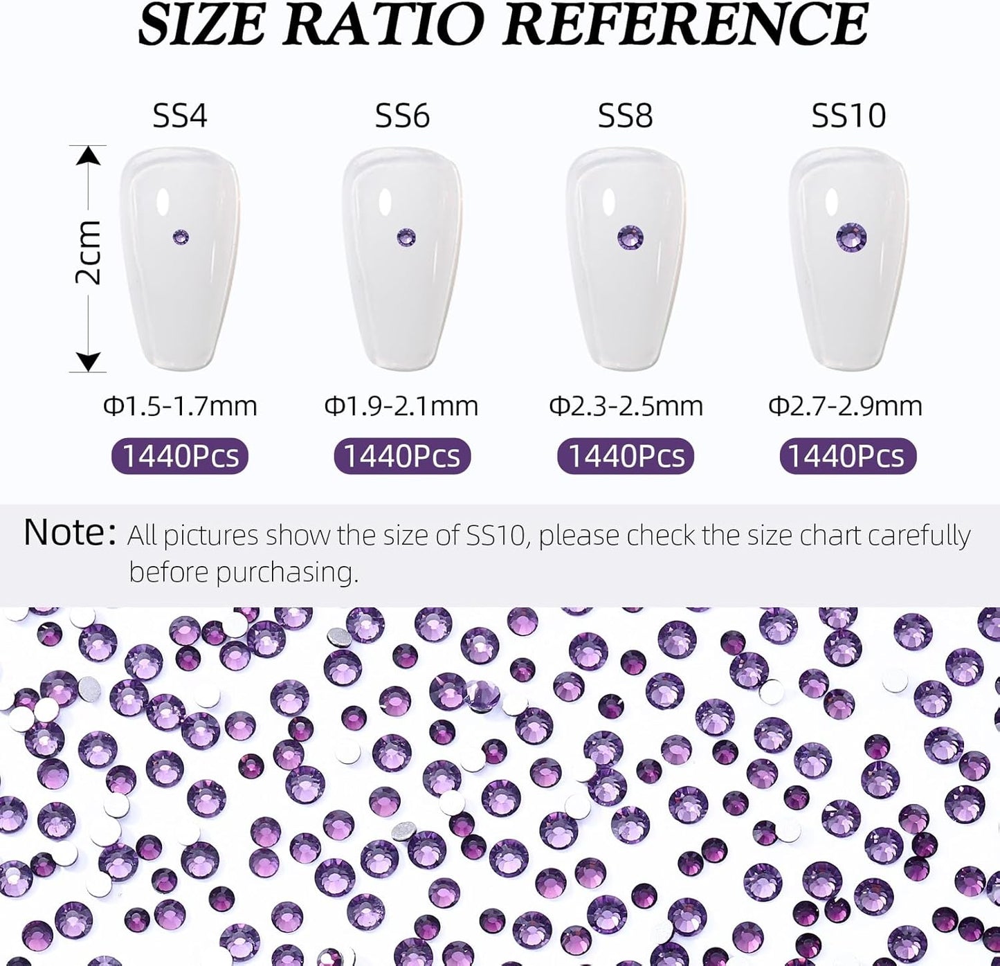 Tanzanite Flatback Rhinestones, Glass Rhinestones for Nail Art and Craft, Glue Fix, Loose Crystal Gemstones(Tanzanite, SS10, 1440pcs, 2.7-2.8mm)