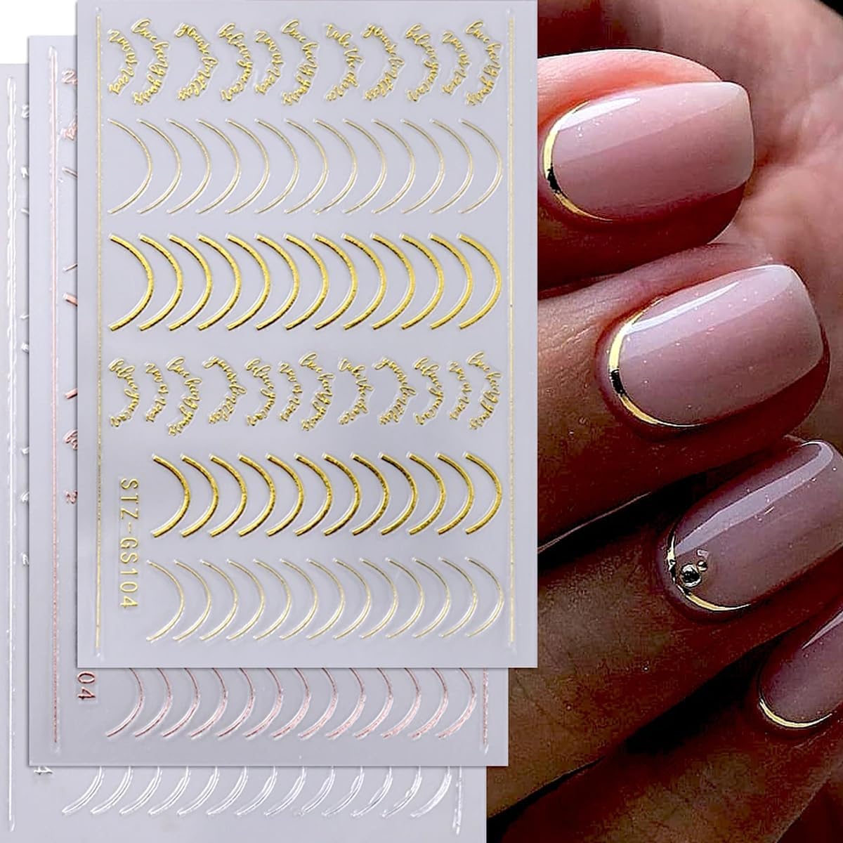 3 Pieces French Tip Line Nail Art Stickers 3D Simple Lines Nail Stickers Rose Gold Metal Stripes Letter Adhesive Decals Curved Gel Nail Art Polish Sliders Manicure Foils Decor Accessories Craft