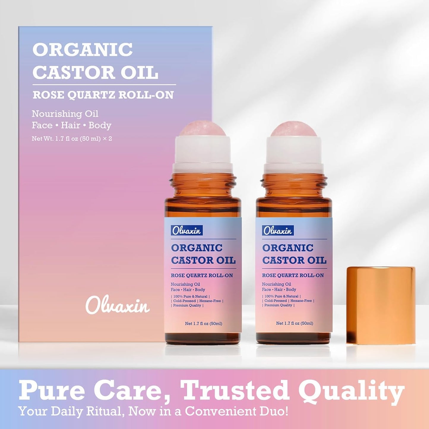 Organic Castor Oil Roll-On with Rose Quartz - 2 Pack x 50mL | Brown Glass Bottle, Cold Pressed, Hexane Free, Unrefined | Nourishing Oil for Face, Hair and Body