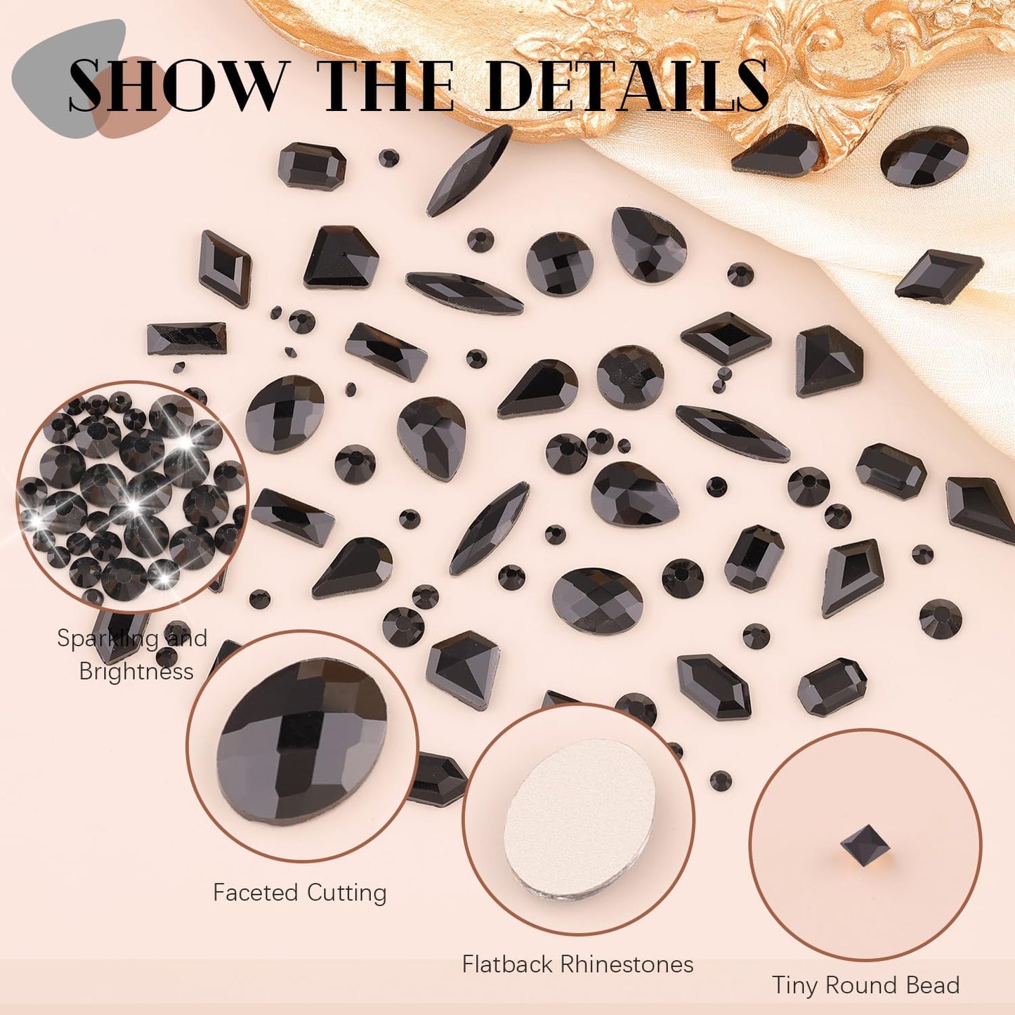 2060Pcs Black Glass Nail Rhinestones 60Pcs Multi Shapes Flatback Nail Gems + 2000Pcs 1.5-4mm Round Crystal with Rhinestones Glue Gel, Manicure Nail Charms Diamond Gemstones for Nail Art