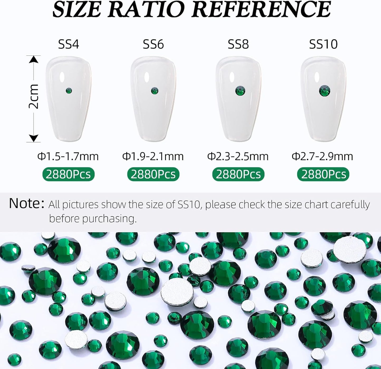 Green Flatback Rhinestones, Glass Rhinestones for Nail Art and Craft, Glue Fix, Loose Crystal Gemstones(Green, SS4, 2880pcs, 1.5-1.7mm)