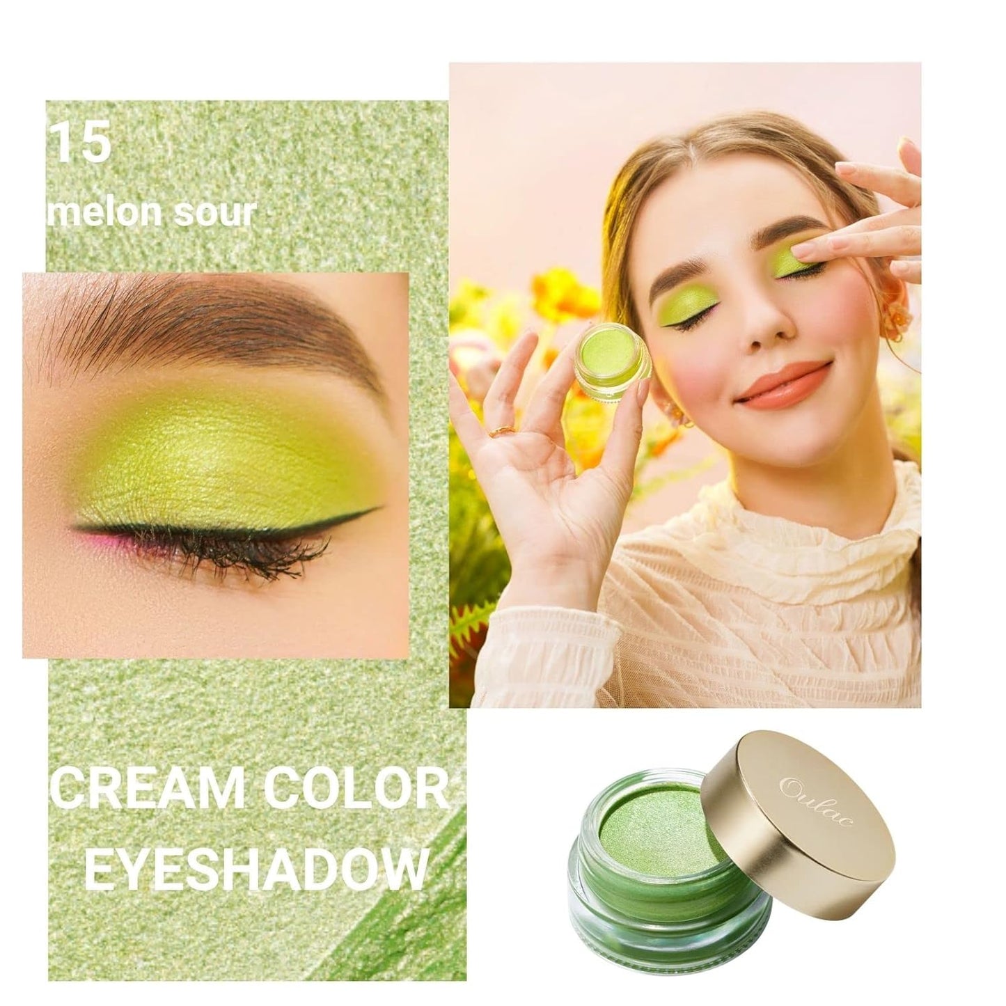 Oulac Lime Green Eyeshadow-Green Glitter Eyeshadow Highly Pigmented Waterproof & Long Lasting for Women with Moisturizing Formula. Multi-use for Highlighter. 6g (15)