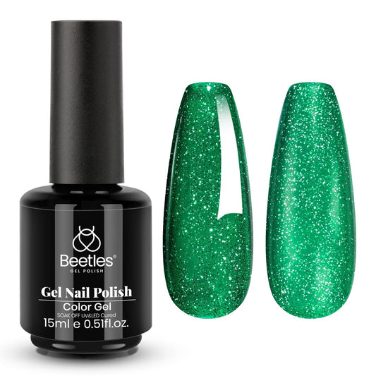 Beetles Christmas Green Gel Nail Polish – EverGleam Glitter Gel Polish, 15ml Soak Off UV LED Shimmer Emerald Green Nail Art Color, Long Lasting Glossy Manicurefor Salon and DIY Nail