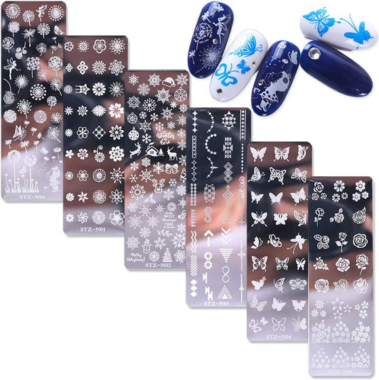 WOKOTO 6Pcs Nail Polish Stamping Plates Kit Flower Butterfly Rose Snowflake Image Templates Stamping Plates for Christmas Manicure DIY Tools