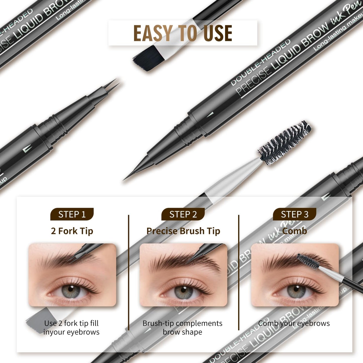Eyebrow Pencil, Eyebrow Pen with Double-Brush Tip 2-in-1 Eyeliner Dual-Ended Microblading Long Lasting Waterproof Hair-Like Brow Pencil with Eyebrow Brush (Brown)