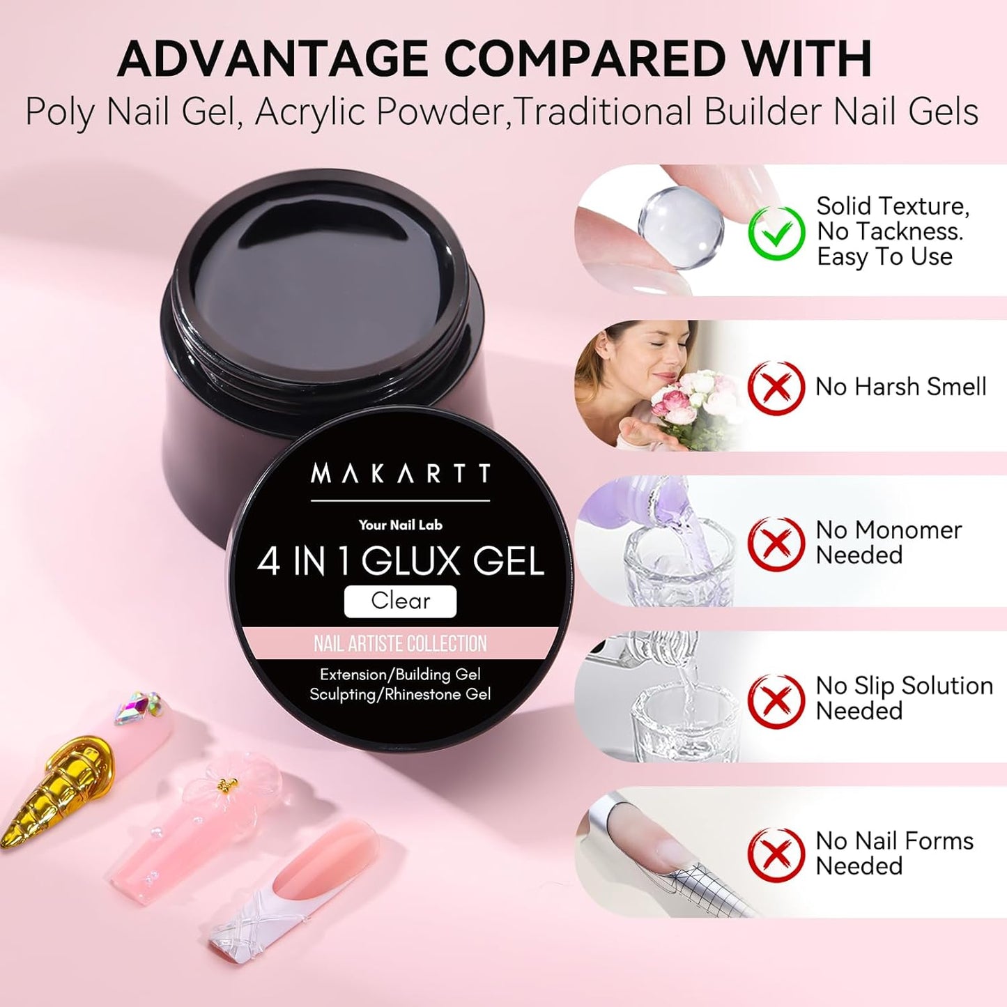 Makartt 3D Gel Nail Art: Solid Gel Builder for Nails Starter Kit, 30ml Clear for Extension 3D Sculpting Carving DIY Manicure, Molding Hard Gels with Gold & Silver Chrome Powder Silicone Molds & Brush