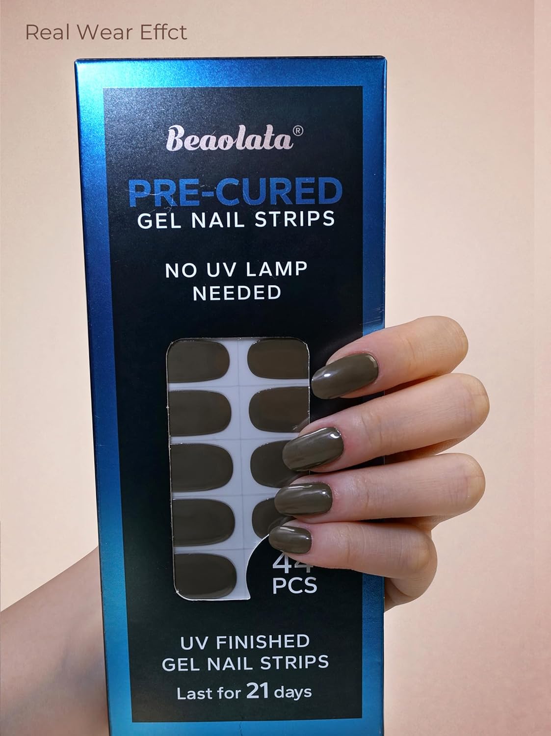 Pre Cured Gel Nail Strips - 44PCS Salon Quality Gel Nail Stickers - Long Lasting Polish Wraps for Women no UV Light Needed Easy Apply& Remove (Fern Brown)