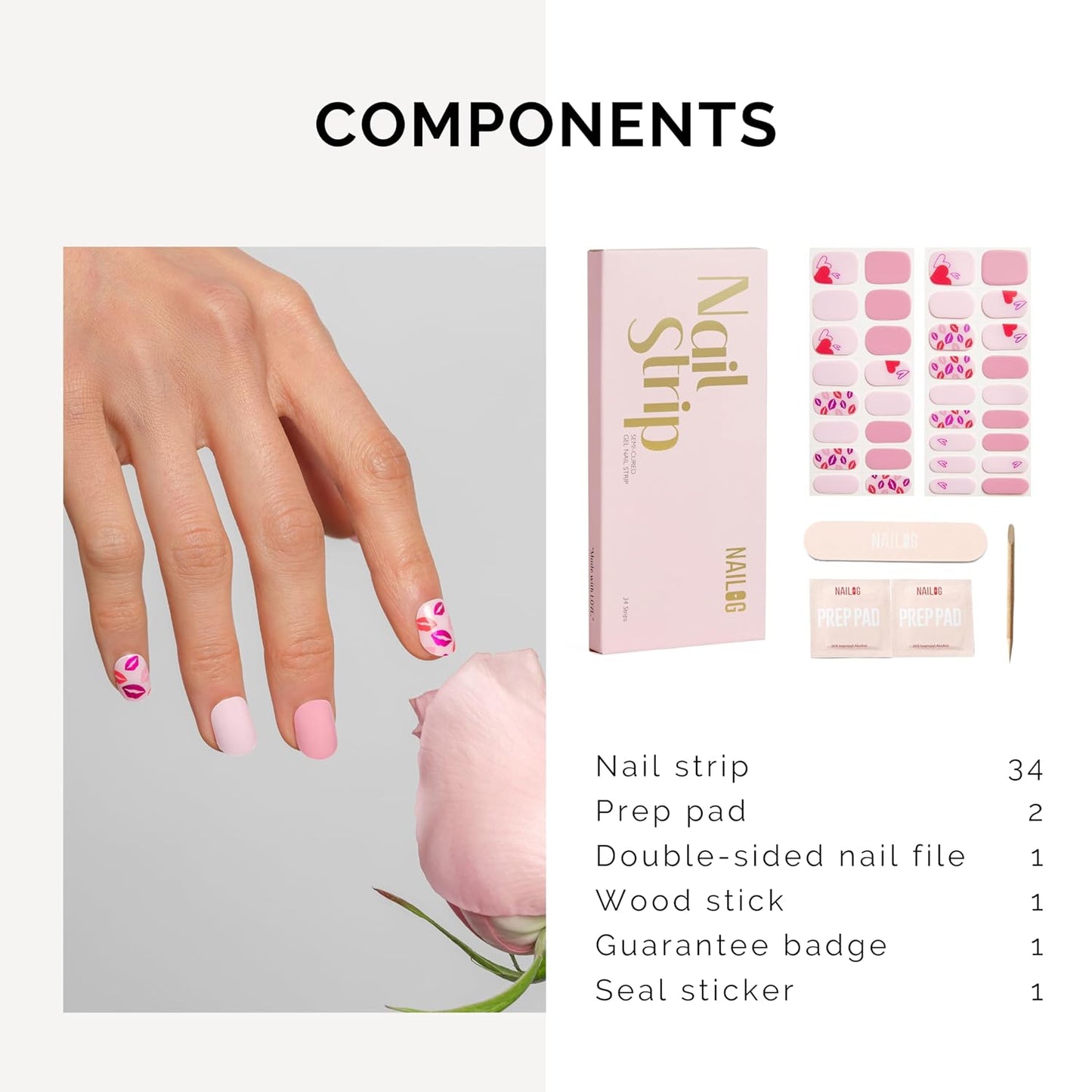 NAILOG Semi Cured Gel Nail Strips for Valentine's Day, 34 pcs Salon-Quality Gel Nail Stickers, Long Lasting Nail Wraps for Women with Soft Gel Finish Pink(Seal of Love)
