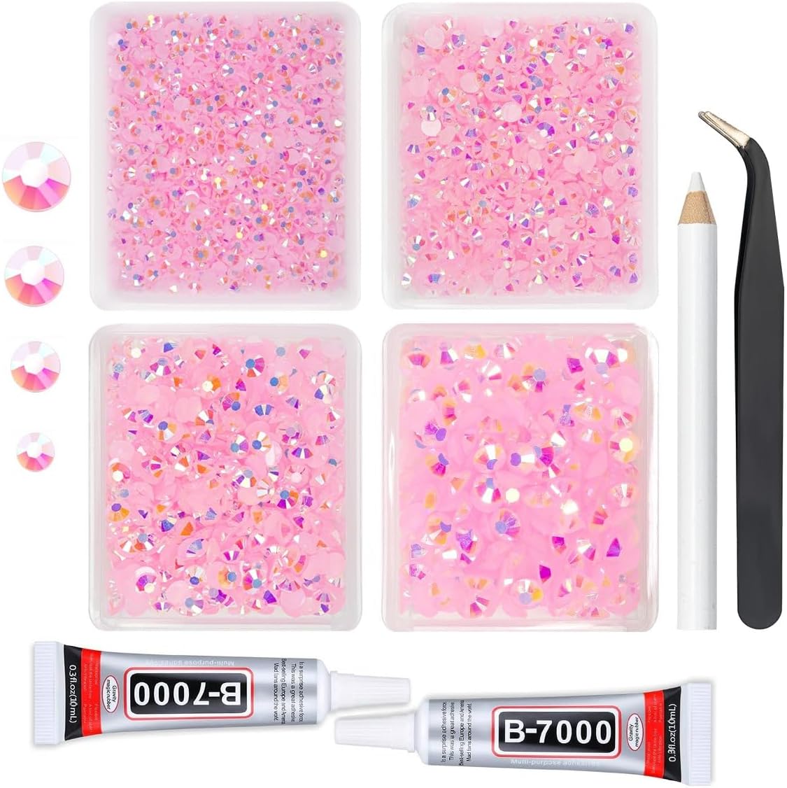 Light Pink AB Resin Rhinestones w B7000 Jewelry Glue for Bedazzling Crafting 3mm 4mm 5mm 6mm Flatback Jelly Stones Bulk Diamonds Crystals Gems Charms for Nails Face Eyes Makeup Tumblers