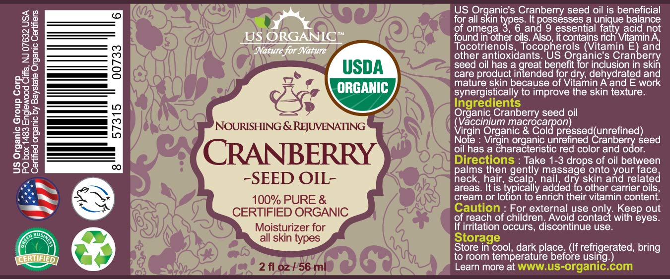 US Organic Cranberry Seed Oil, USDA Certified Organic,100% Pure & Natural, Cold Pressed Virgin, Unrefined in Amber Glass Bottle w/Glass Eyedropper for Easy Application (2 oz (56 ml))