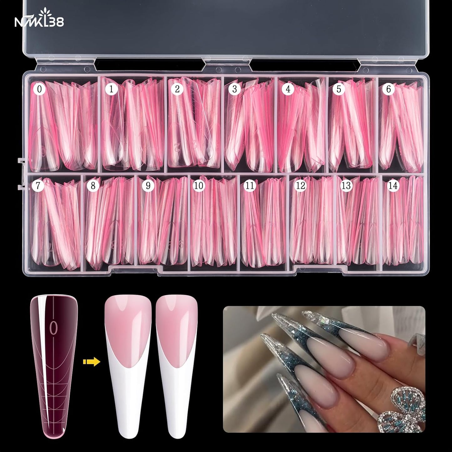 NMKL38 150Pcs Pink Dual Forms Full Cover Nail Tips Upper Arched Almond Shape Extension Mold