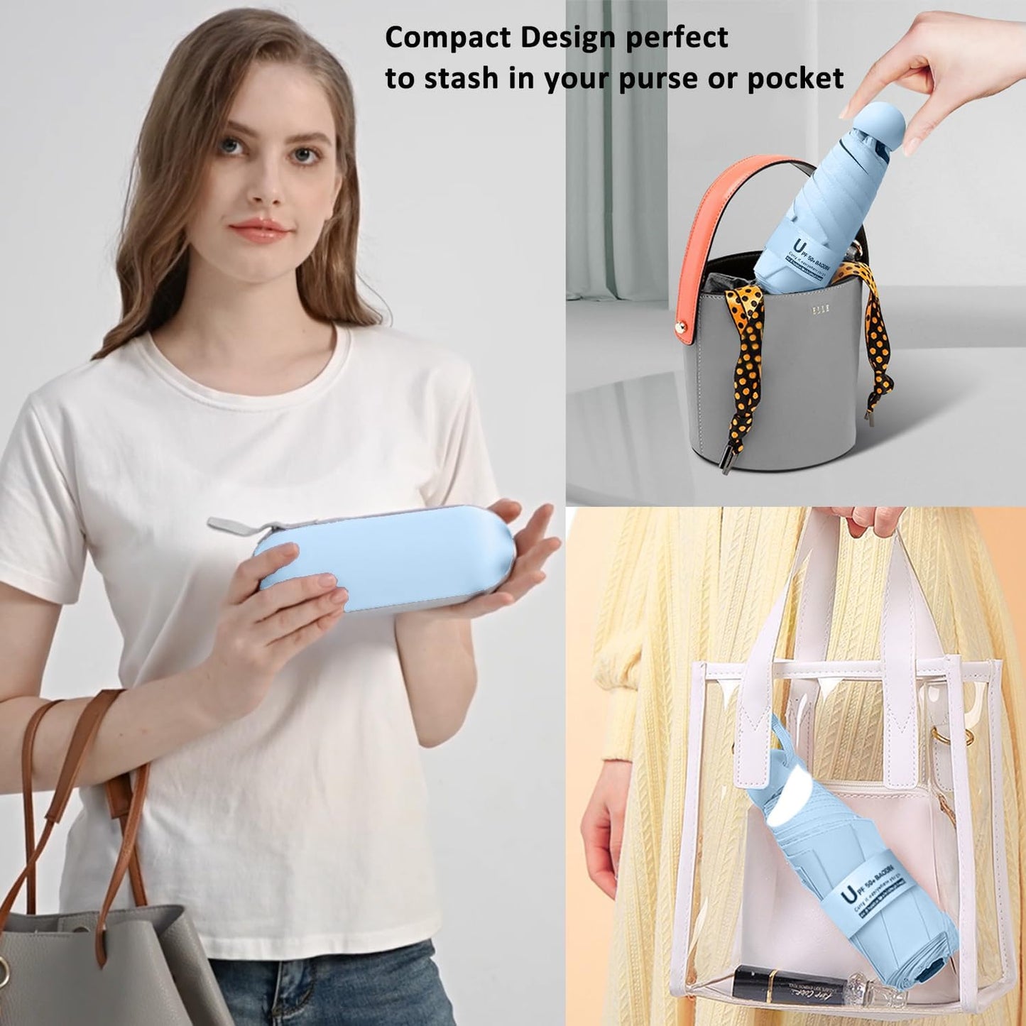 BAODINI Travel Essentials Mini Umbrella for Purse With Case Small Compact UV Sun Protection Lightweight Tiny Pocket Manual Open Close Umbrella for Women Kids and Men Fit Purse Backpack