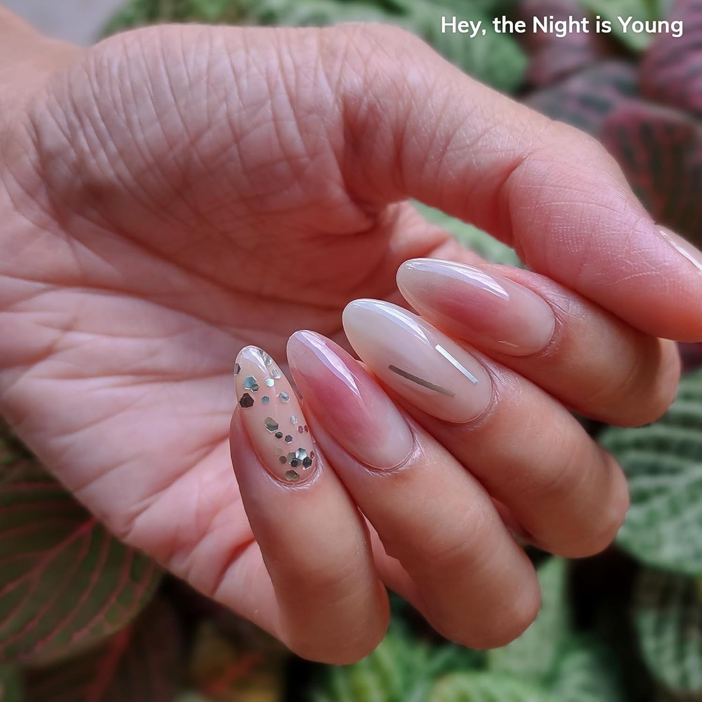 Semi Cured Gel Nail Strips | No LED Lamp Needed | Glam, Pink, Spring | Easy Apply & Remove, Salon Quality | Includes 28 Strips, 1 Prep Pads, Nail File & Wooden Stick - Hey, The Night is Young