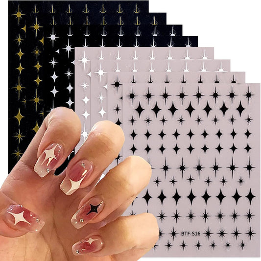 8Sheets Star Nail Stickers 3D Self Adhesive Nail Art Stickers Sparkle Nail Decals Gold Silver Gold White Mixed Shaped Star Design Cute Nail Sticker for Nail Art Women DIY Acrylic Manicure Decoration