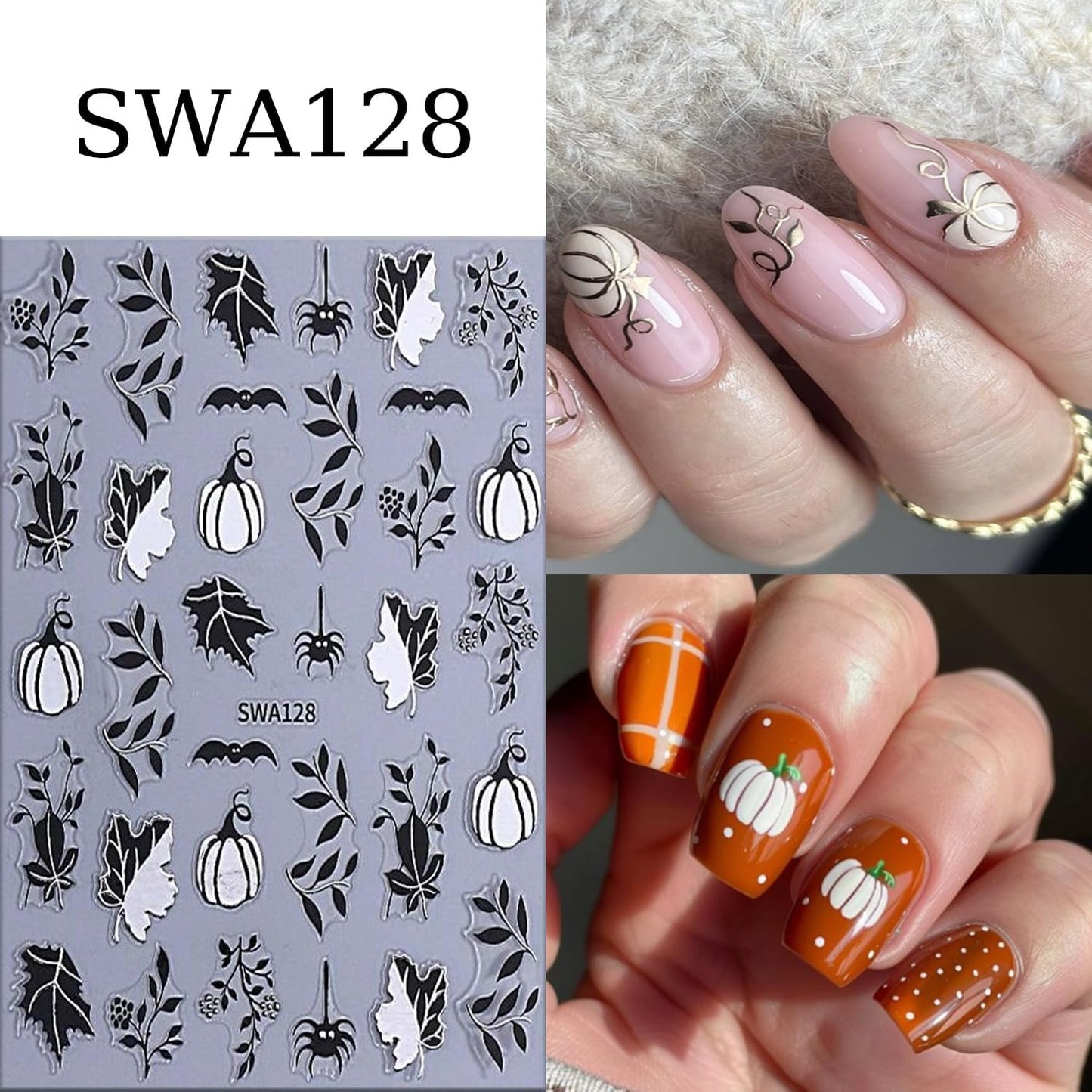 6 Sheets Halloween Nail Art Stickers 3D Self -Adhesive Pumpkin and Leaves Nail Decals Holographic Spider Bat Nail Stickers Halloween Nail Decoration for Women Manicure Supplies