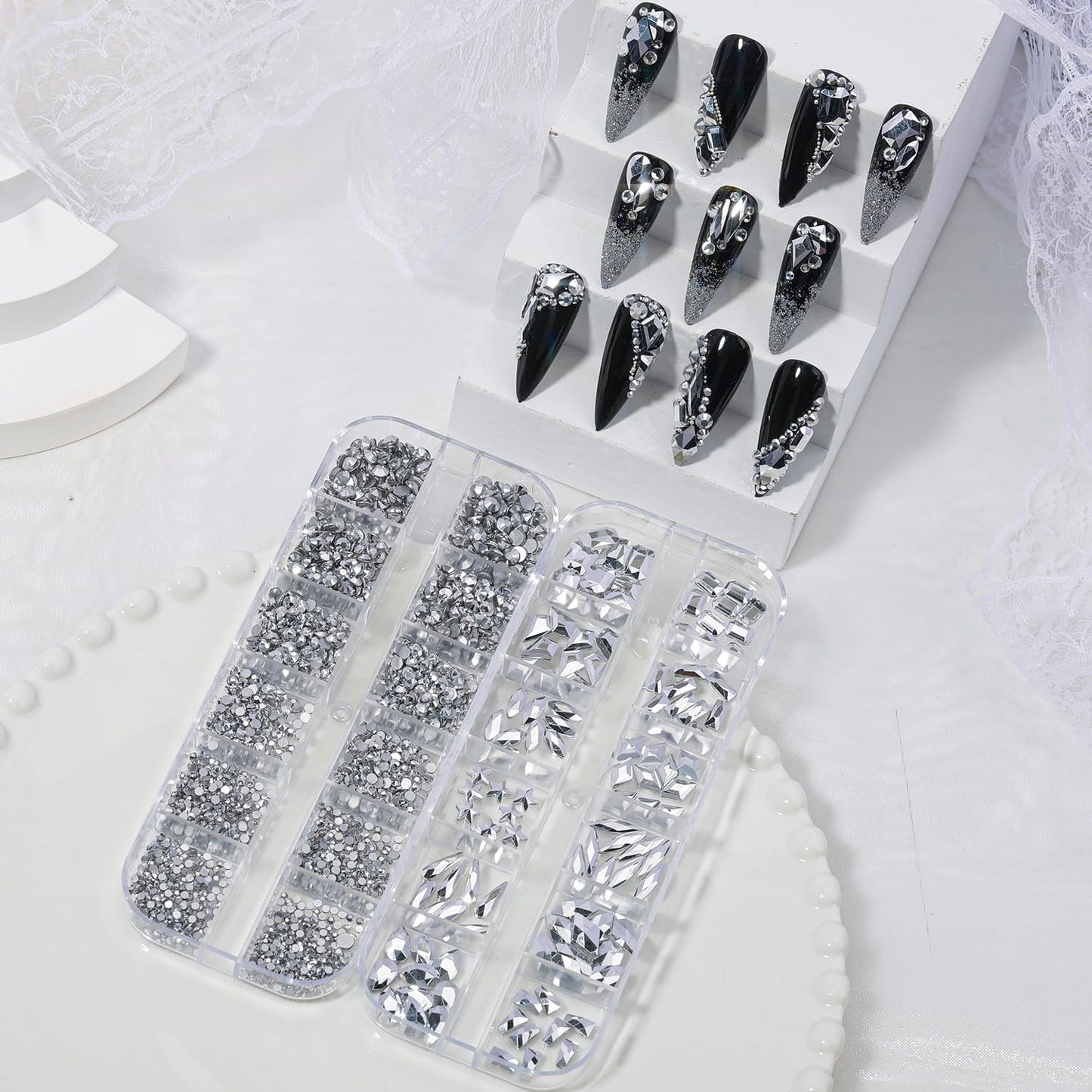 Nail Rhinestones - 3D Multi Shape Size, Flat Back, Manicure Rhinestones Charms, Crystal Silver Gems, with Kit, for Nail Art, Bedazzling Acrylic Nails, DIY Decor