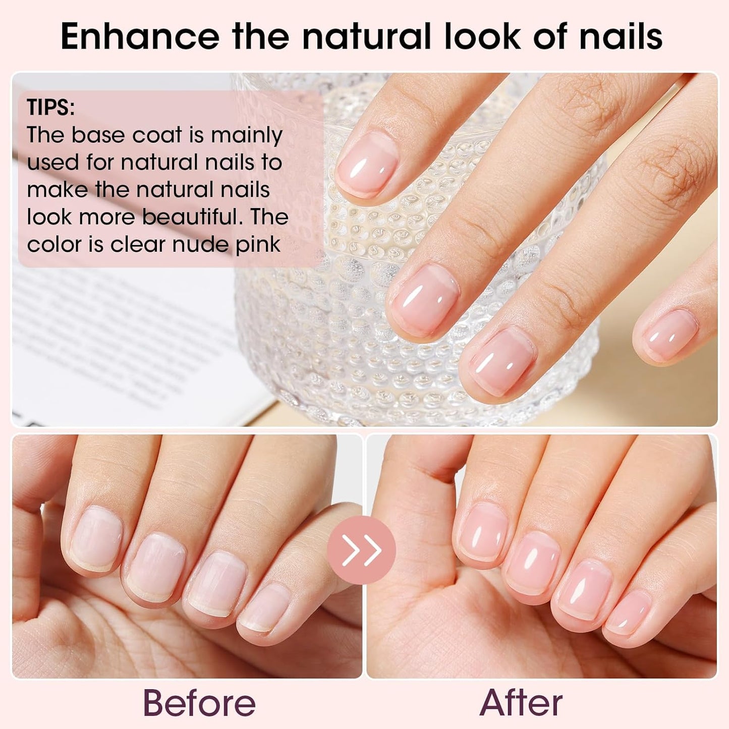 GELLEN 4‑in‑1 Clear Nail Polish Base Coat Sheer Tinted Natural Pink, Ridge Filler, Nail Strengthener & Concealer, Calcium Formula Strengthens Nails, Enhances Natural Look, No HEMA, Anti-yellowing