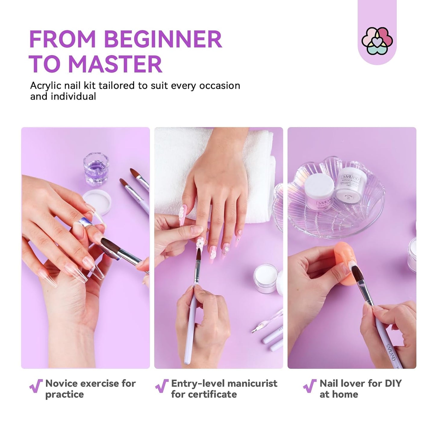 SAVILAND Essentials Acrylic Nail Kit for Beginners: White Pink Clear Acrylic Powder and Liquid Set with Nail Dehydrator Primer Brushes Forms Tips Tools Nails Kit Acrylic Set with Everything Home DIY