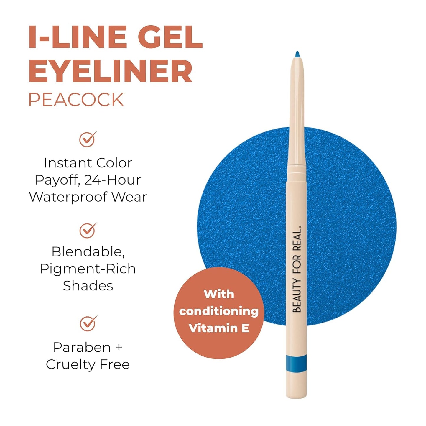 Beauty For Real I-Line 24-7 Eyeliner, Peacock - Rich, Brilliant Blue - Long-Wearing, Waterproof Gel Formula - Safe for Sensitive Eyes & Contact Lens Wearers - 0.01 oz