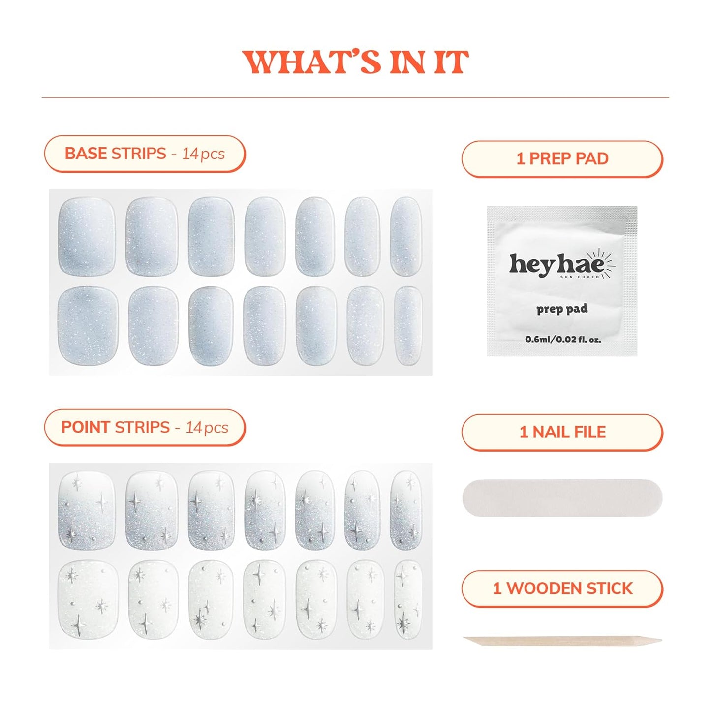 Semi Cured Gel Nail Strips | No LED Lamp Needed | Glitter, Blue, White | Easy Apply & Remove, Salon Quality | Includes 28 Strips, 1 Prep Pads, Nail File & Wooden Stick - Hey, Rise and Shine