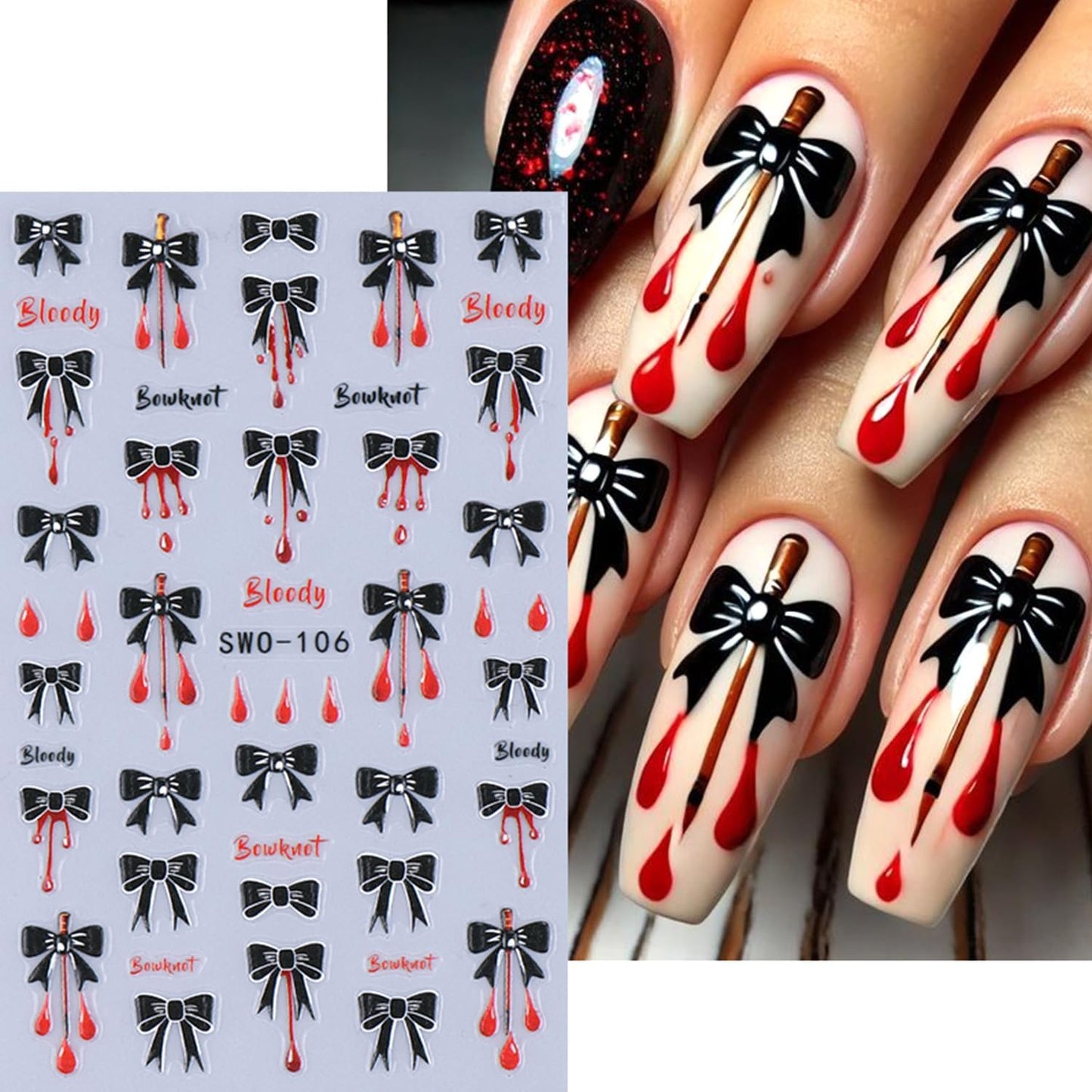 Red Black Halloween Nail Art Stickers Decal 5D Embossed Flower Spider Web Nail Stickers with Rhinestones Bow Blood Drop Nail Decals Self-Adhesive Spider Nail Art Decal for Women Halloween Decor