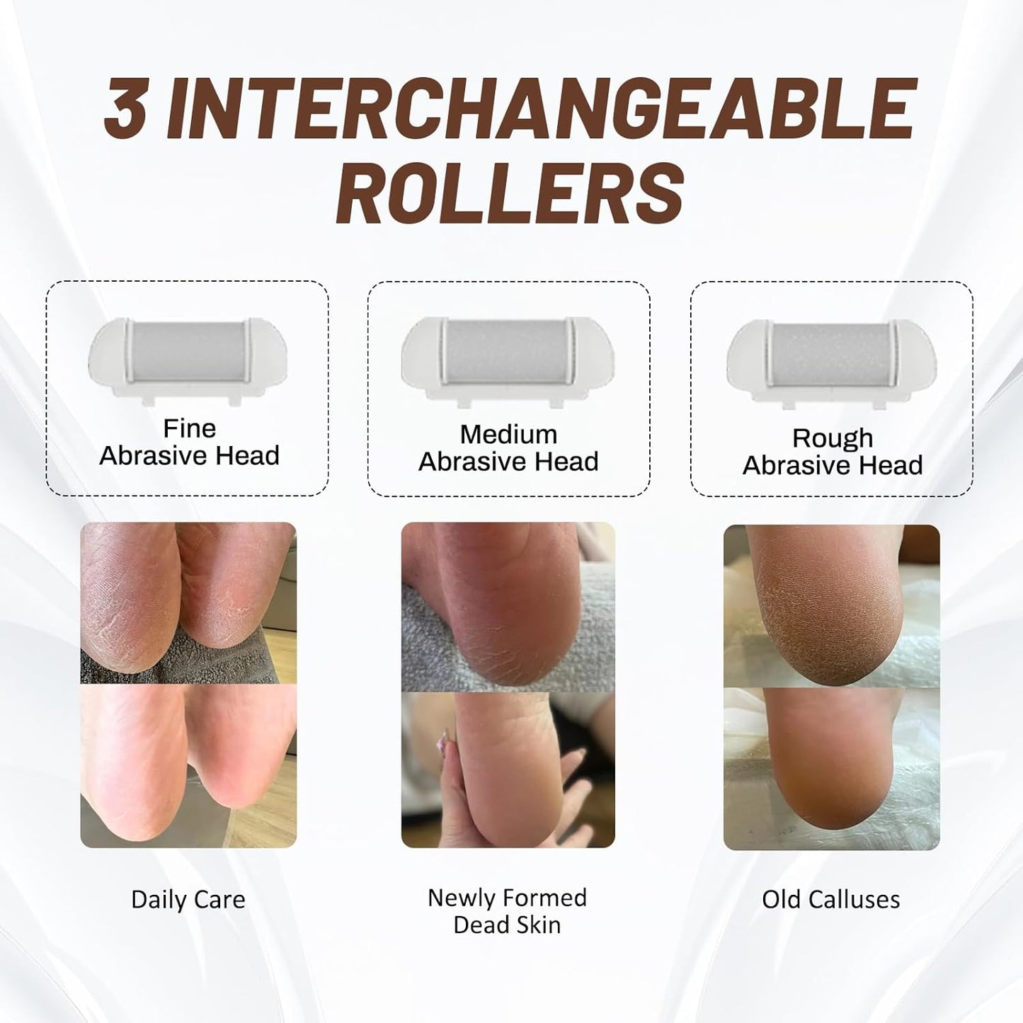 Electric Foot Callus Remover, Rechargeable Portable Electric Foot File, IPX6 Waterproof with 3 Roller Heads Pedicure Kits for Dead Hard Cracked Dry Skin, Digital Display, White