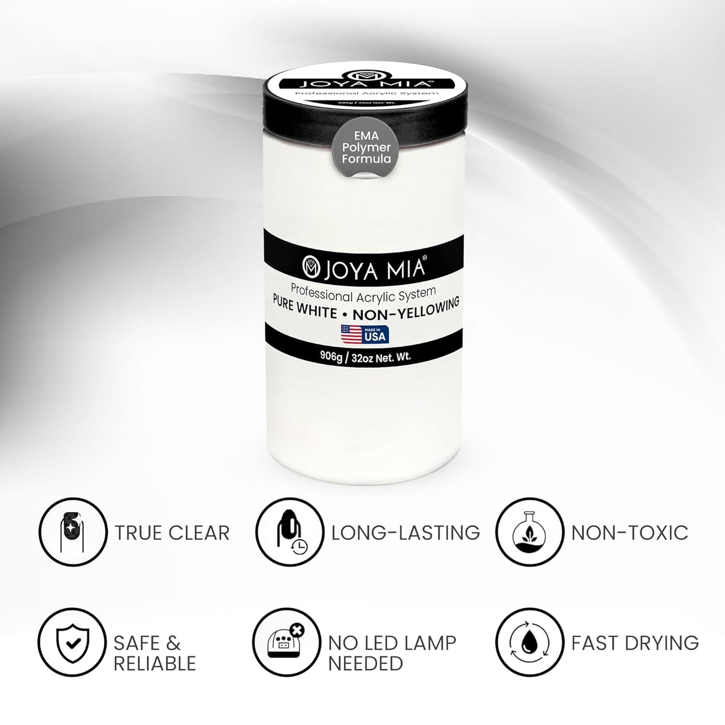 Joya Mia Acrylic Powder for Nails, MMA-Free, Super Adhesion Professional Powder for Flawless & Long-Lasting Nail Enhancements, Easy Application, Vibrant & Stunning Colors - Pure White, 32 oz