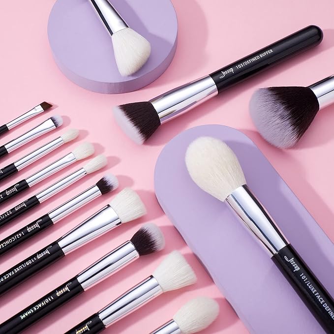 Jessup 25pcs Professional Makeup Brush Set Foundation Powder Concealer Eyeshadow Blending Blush Highlighter Natural-Synthetic Hair Brushes (Black/Silver)