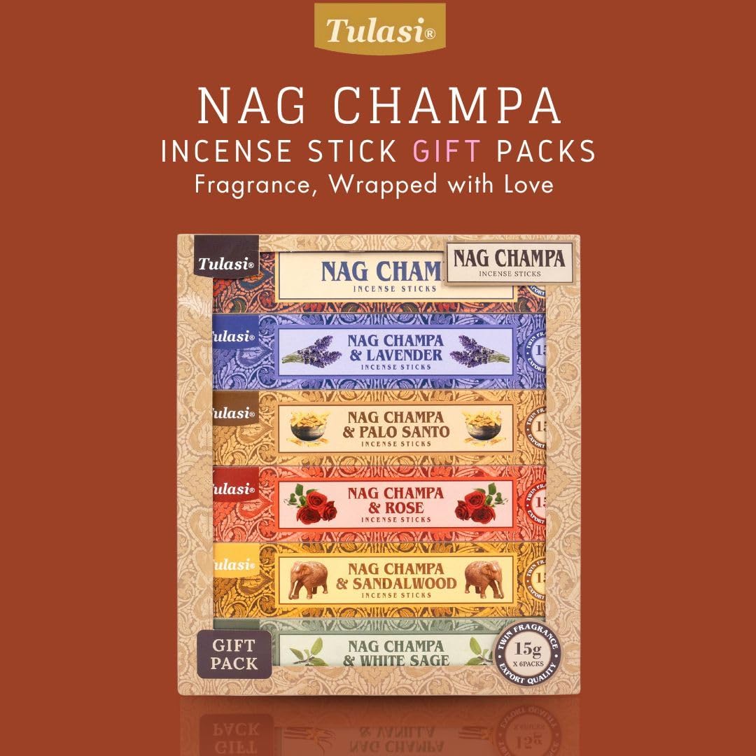 Tulasi Nag Champa Incense Sticks Gift Pack of 6, Hand Rolled Fragrance Incense Sticks for Aromatherapy, Relaxing, Yoga, Meditation, Prayer, Agarbatti Stick with Natural Oils (15gm x 6)
