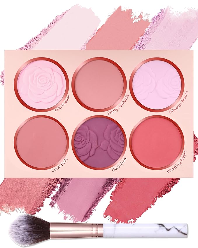 Matte Rose Face Blush Palette Kit with Brush-6 Colors Pink Purple Silky Mineral Blendable Blusher Contour Powder for Cheeks,Longlasting Facial Eyeshadow Beauty Cosmetic Makeup Gift for Women-Set 01