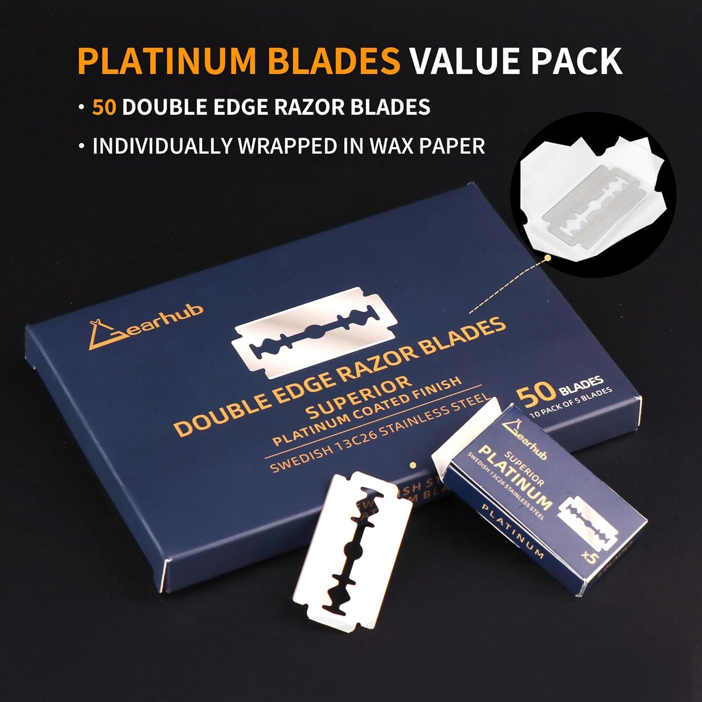 Gearhub Premium 50 Count Double Edge Safety Razor Blades Refills Swedish 13C26 Stainless Steel Platinum Coated, Mild to Medium Sharpness for Smooth Shaves