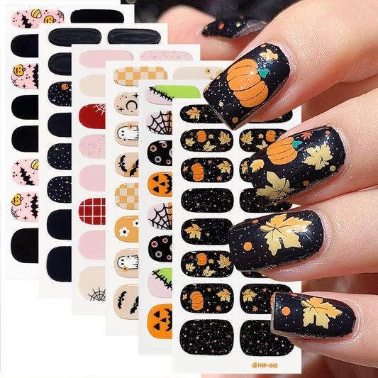 6 Sheets Halloween Gel Nail Strips Ghost Bat Pumpkin Nail Polish Stickers Maple Leaf Pumpkins Thanksgiving Gel Nail Stickers Self-Adhesive Halloween Holiday Nail Polish Strips for Women Nail Decor