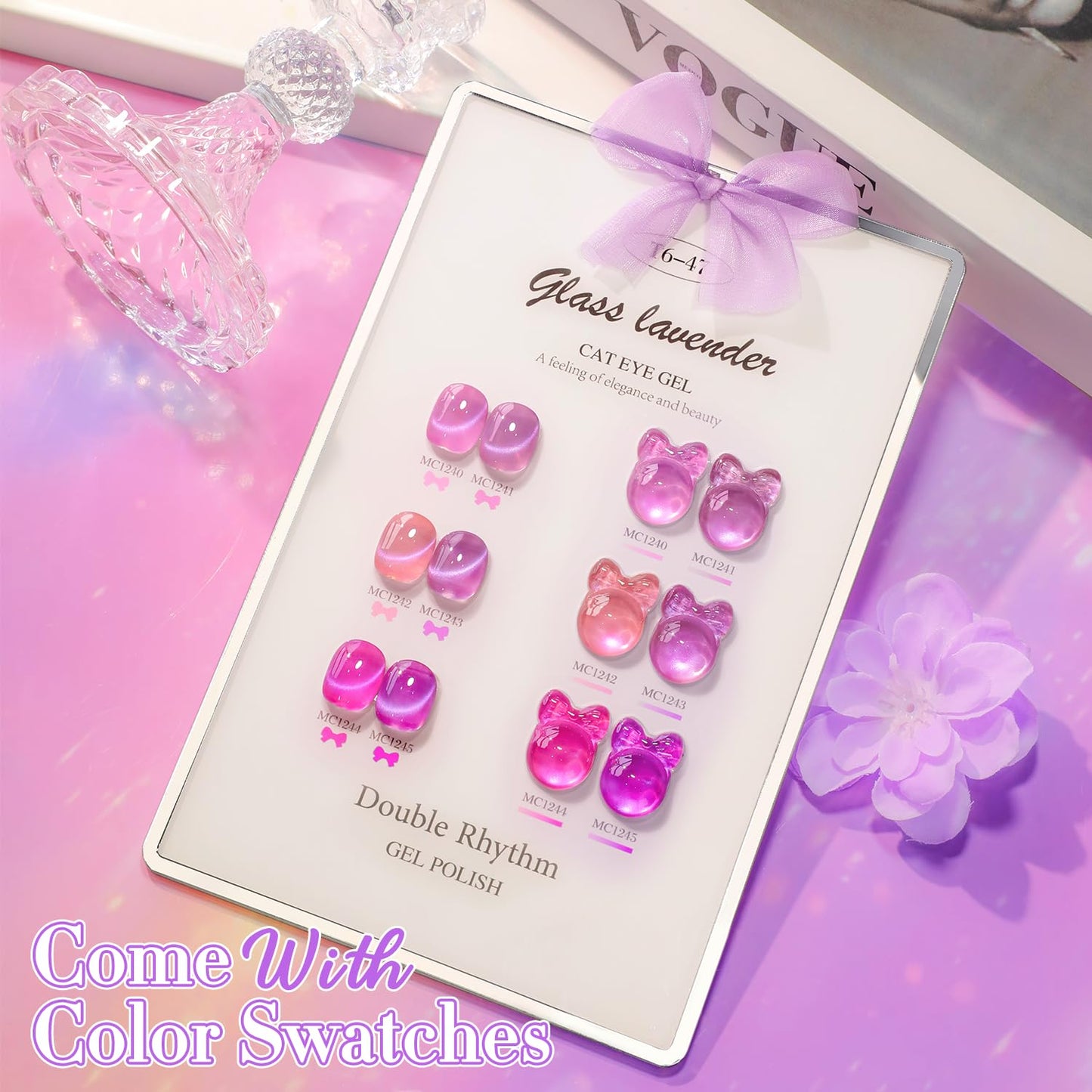 Double Rhythm Cat Eye Gel Nail Polish Set of 6 Same Color Same Bottle 0.5 Oz Shimmer Glitter with Magnet Holographic Reflective Magnetic UV Polish Kit at Home (Glass Purple Lavender -T6-47)