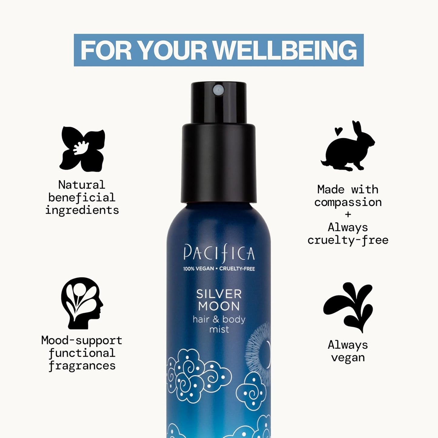Pacifica Silver Moon Hair Mist Perfume & Full Body Spray for Women - Body Mist Fragrance w/BTonka, Santal, Cardamom, Vanilla Bean, Musk & Amber – Clean Beauty Alcohol-Free, Vegan & Cruelty-Free, 5 oz