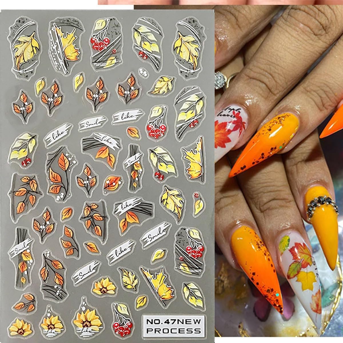 6 Sheets Fall Nail Art Stickers 3D Maple Leaf Nail Decals Autumn Gold Yellow Leaves Mushroom Squirrel Self-Adhesive Nail Designs Thanksgiving Nail Stickers for Women Girls Acrylic Manicure DIY Decor