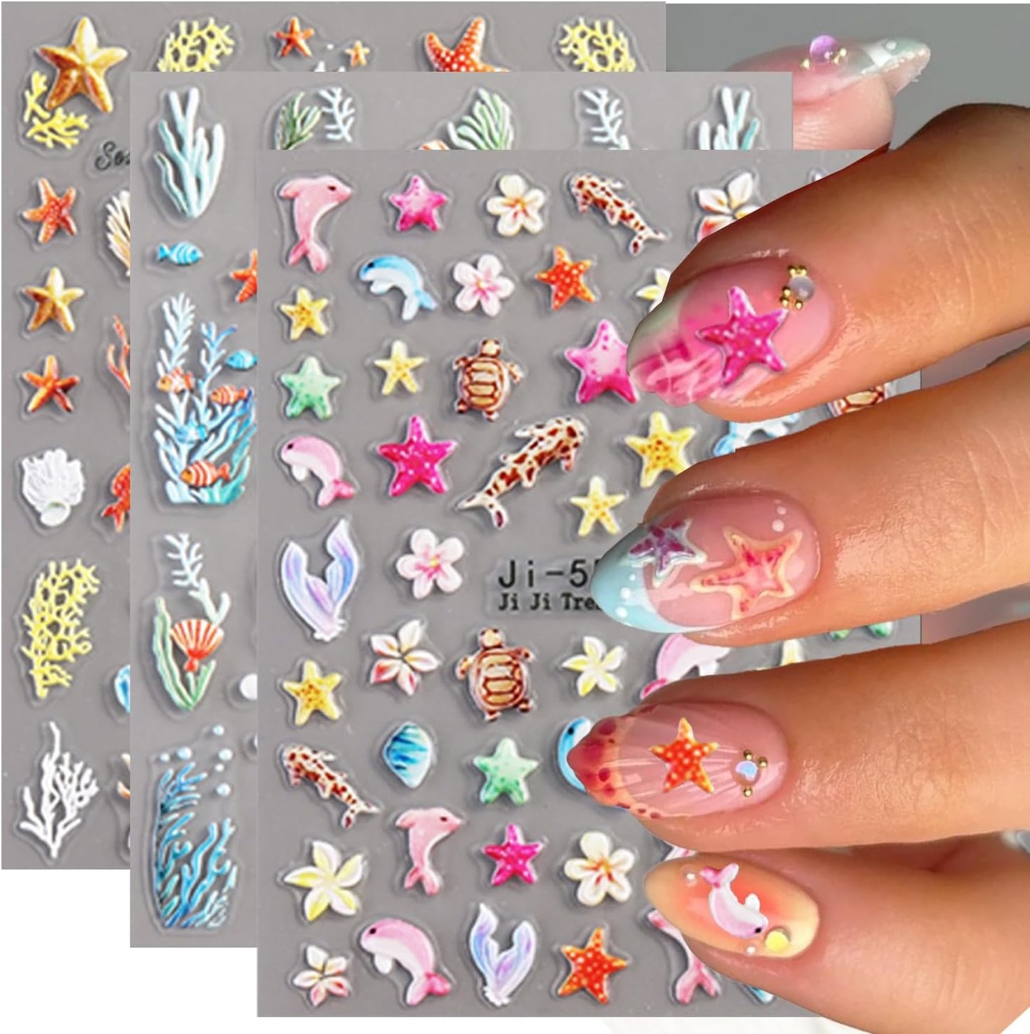 Flower Nail Stickers Summer Nail Decals Shell Nail Stickers for Nails Art Colorful Starfish Sea Turtles Corals Fish Design Ocean Nails Art Sticker for Women Decor Manicure Supplies 3 Sheet