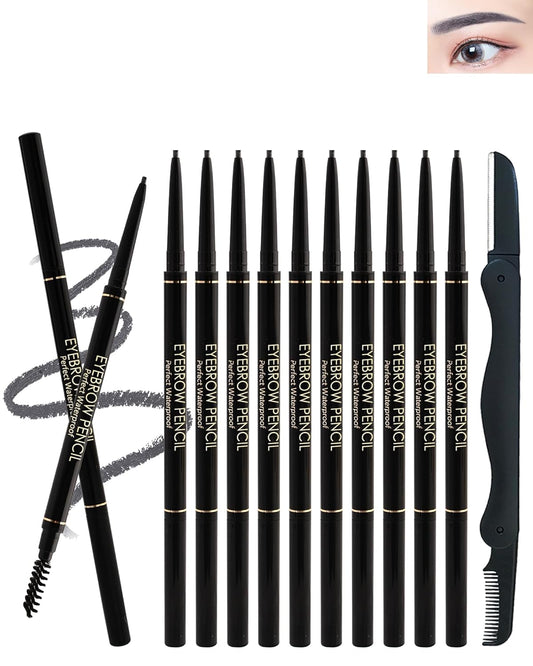 12Pcs Waterproof Gray Eyebrow Pencil Set, Professional Brow Micro Eyebrow Retractable Pencil, Ultra Fine Long Lasting for Perfect Eye Liner Brow Old Women Eye Makeup Shaping & Filling Brow Gel Pen- 04