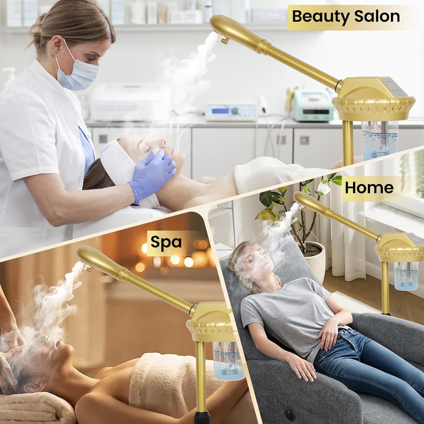 Facial Steamer Professional with More Steam for Deep Cleansing and Hydration, Estheticians Steamer on Wheels with Time Setting, Face Steamer Adjustable Height for Beauty, Spa and Home Use（Golden）