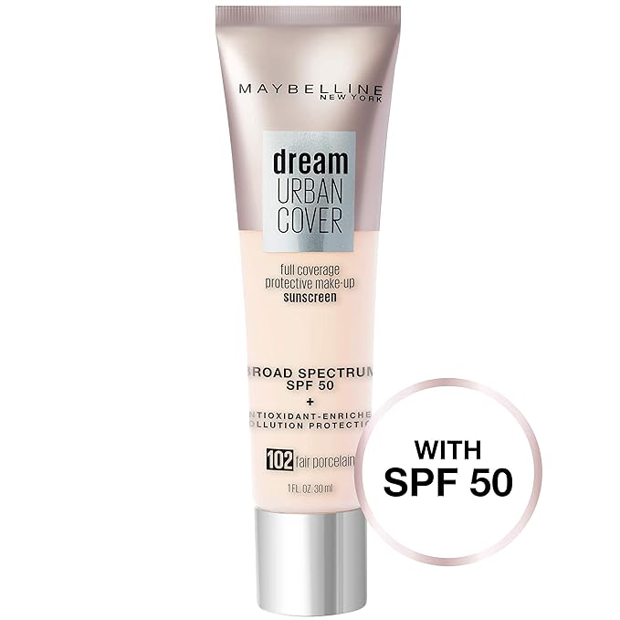 Maybelline Dream Urban Cover Flawless Coverage Foundation Makeup, SPF 50, Fair Porcelain