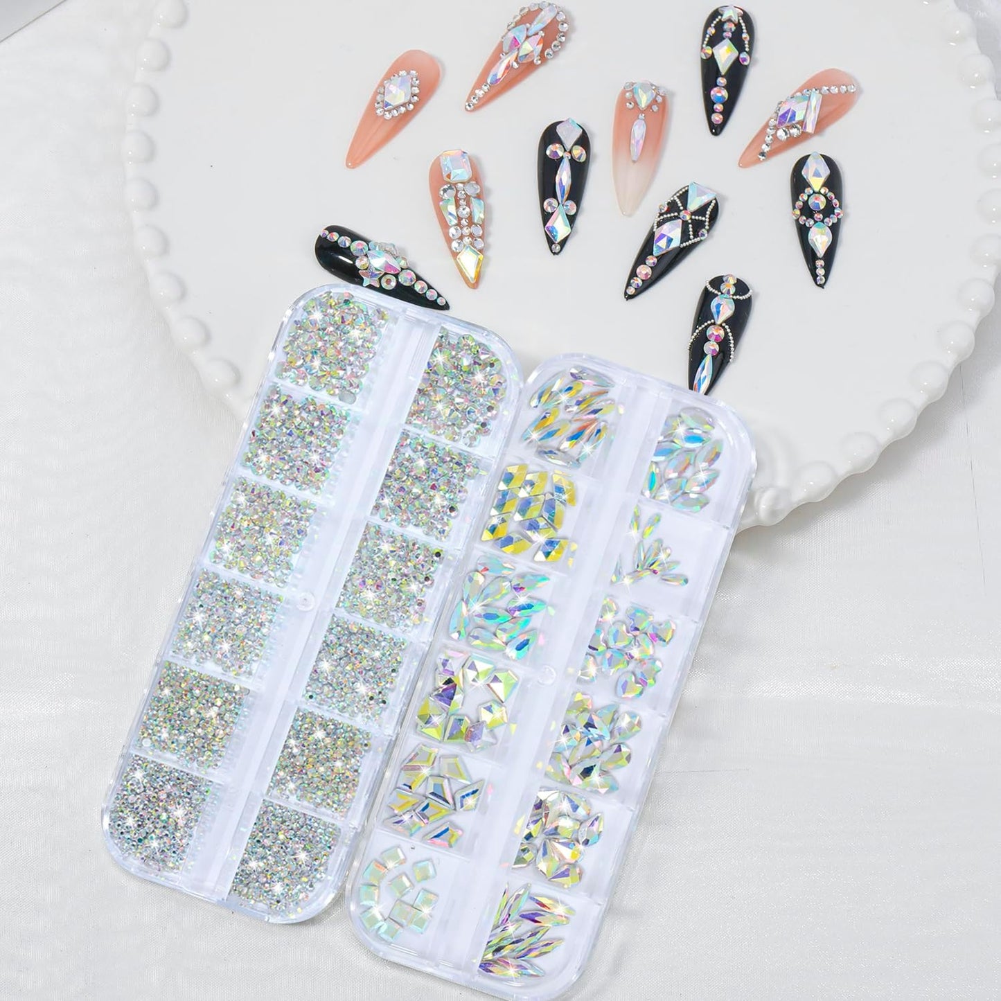 Nail Rhinestones - 3D Multi Shape Size, Flat Back, Manicure Rhinestones Charms, AB Gems, with Kit, for Nail Art, Bedazzling Acrylic Nails, DIY Decor