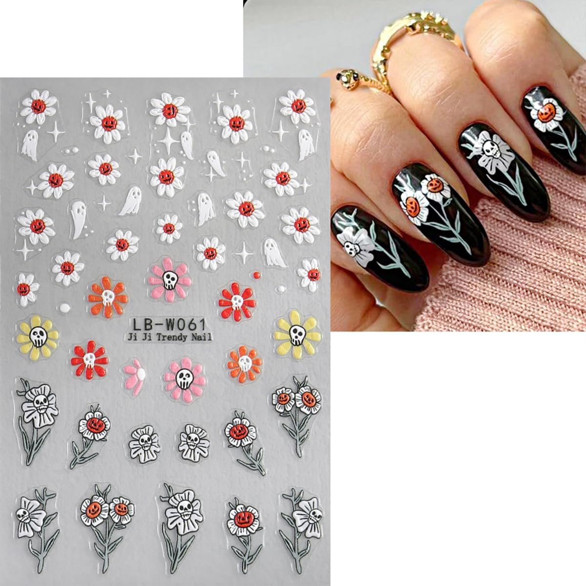 4 Sheets Cute Ghost Nail Art Stickers and Halloween French Flower Nail Decals Design 5D Self-Adhesive Brown Green Spider Web Nail Stickers Personalized Nail Art Supplies Stickers for DIY Manicure