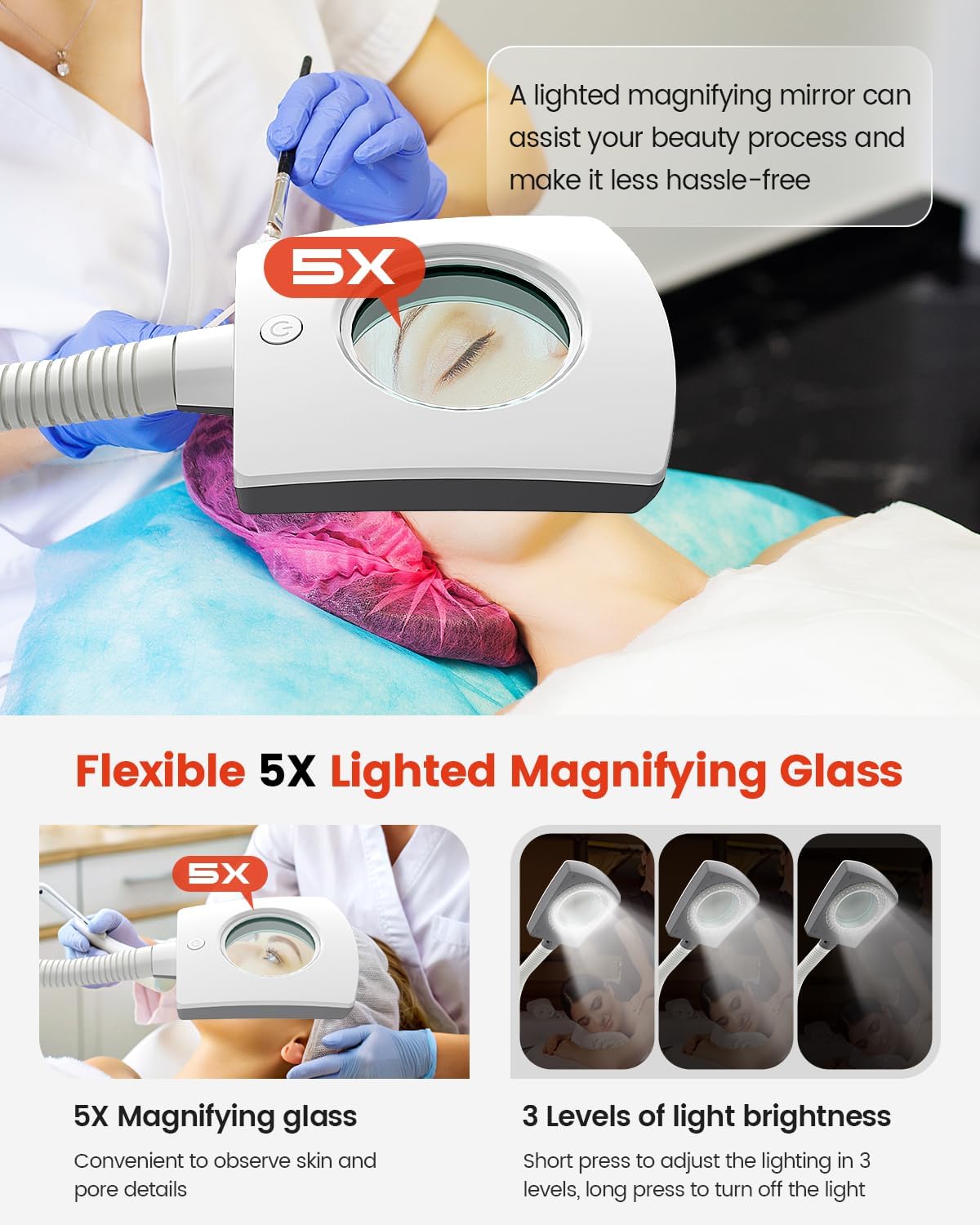 Kingsteam 2-in-1 Salon Grade Professional Facial Steamer with 5X Magnifying Lamp,Esthetician Steamer for Women,Hot Mist Face Steame: 2 Adjustable Steam Levels, 60 Min Timer & 3-Level LED Light, White