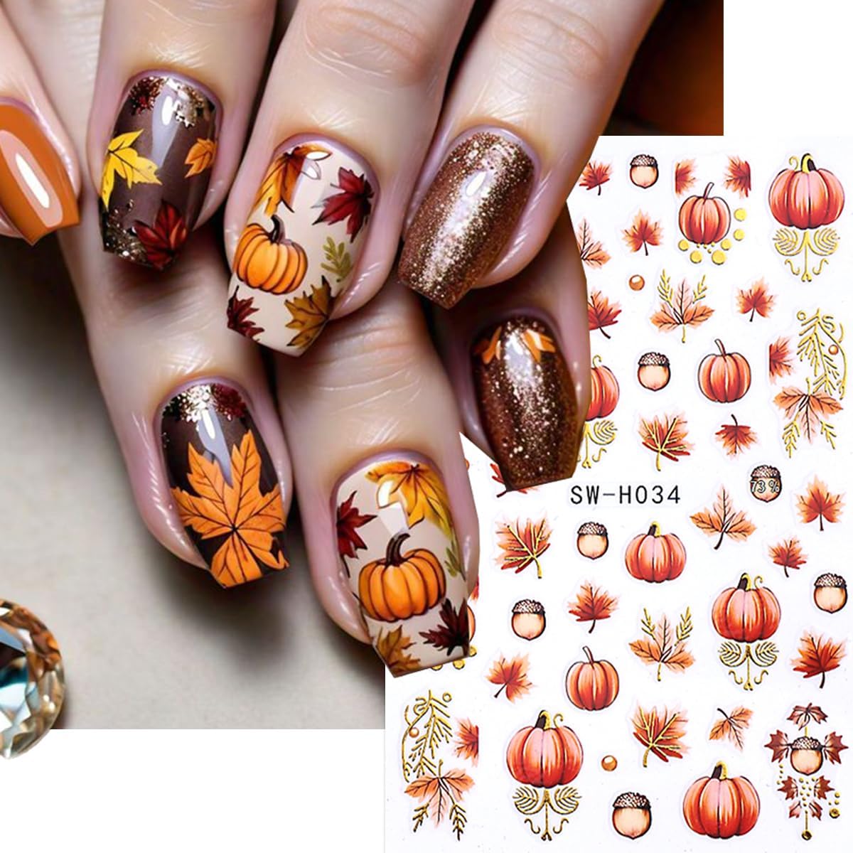 Pumpkin Nail Stickers Fall Nail Decals Maple Nail Art Stickers Glitter Leaves Nut Orange Design Thanksgiving Fall Nail Sticker for Nail Art 3D Self Adhesive for Women DIY Holiday Manicure Supplies