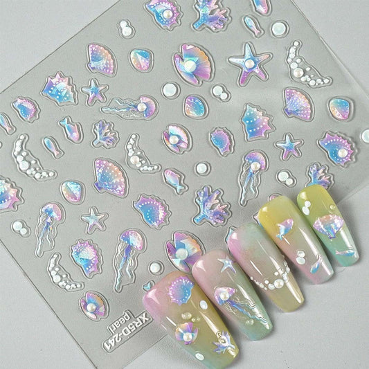 2Sheet Summer Nail Art Stickers 5D Embossed Nail Decals with Pearl Shiny Shell Starfish Jellyfish Design Self-Adhesive Nail Supplies DIY Acrylic Manicure Accessories for Women Girls‌